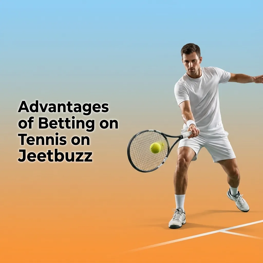 Infographic titled “Advantages of Betting on Tennis on Jeetbuzz” listing features, odds, markets, cash out, PKR, and mobile tools