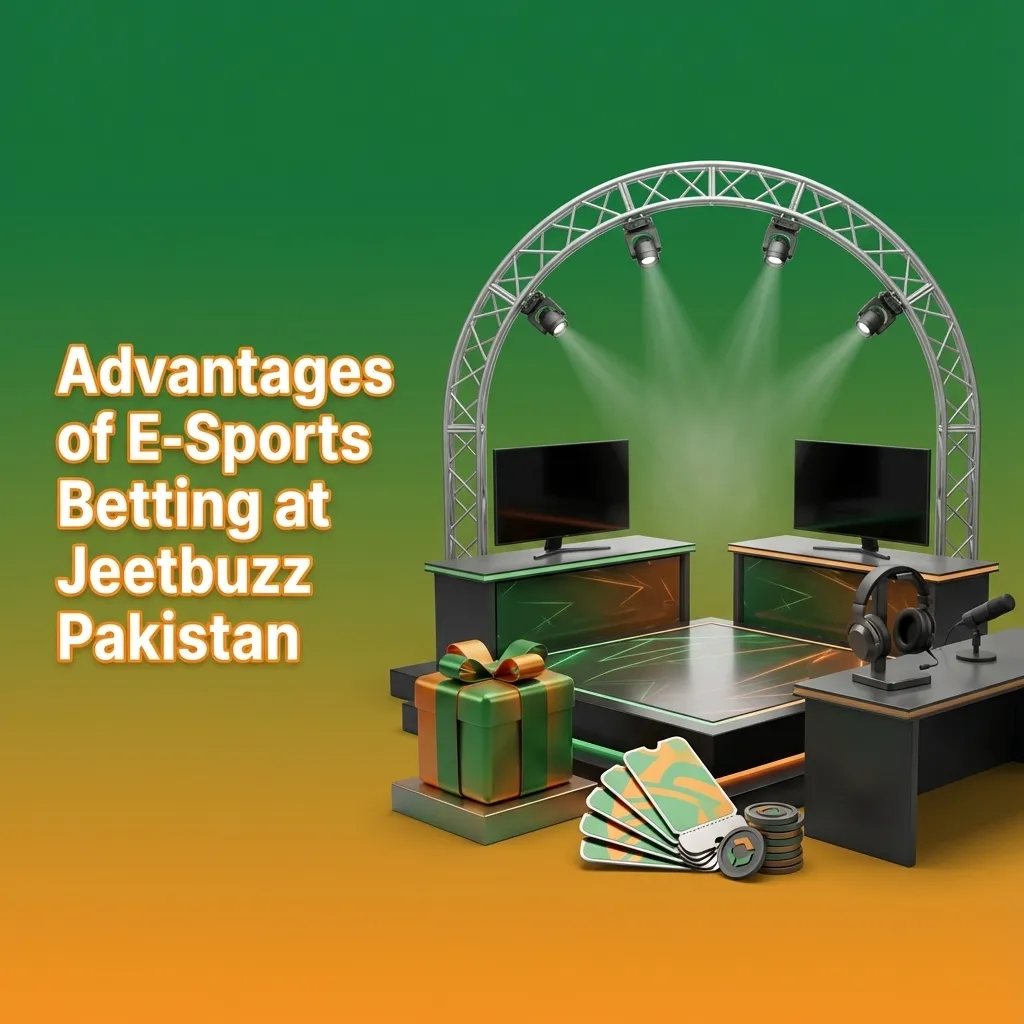 Jeetbuzz Pakistan esports betting ad showing app interface, payment icons, odds, and promo highlights on a dark gaming-themed background