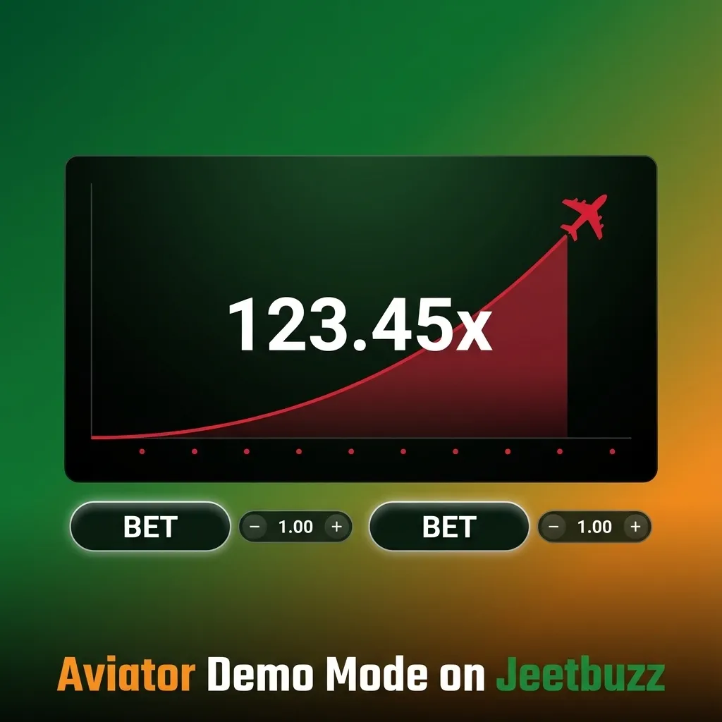 Screenshot of Aviator demo mode on Jeetbuzz showing red plane, rising multiplier, and virtual balance betting interface