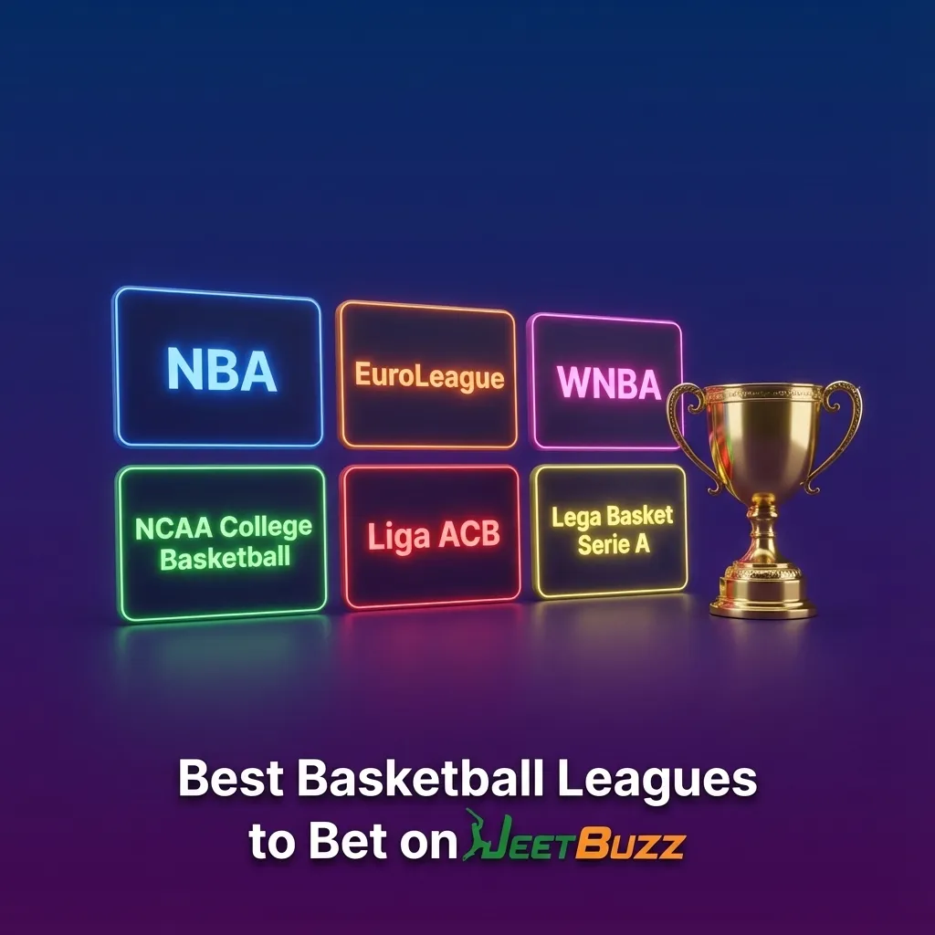 Graphic showing basketball leagues (NBA, EuroLeague, FIBA, Olympics, NCAA) with Jeetbuzz betting theme