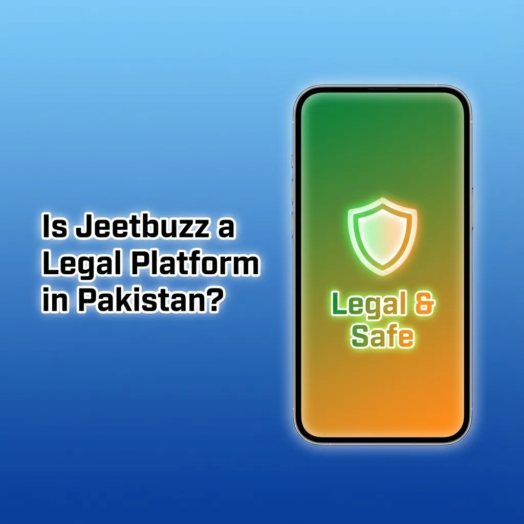 Illustration asking if Jeetbuzz is legal in Pakistan, with gambling icons, legal scale, and privacy shield graphics