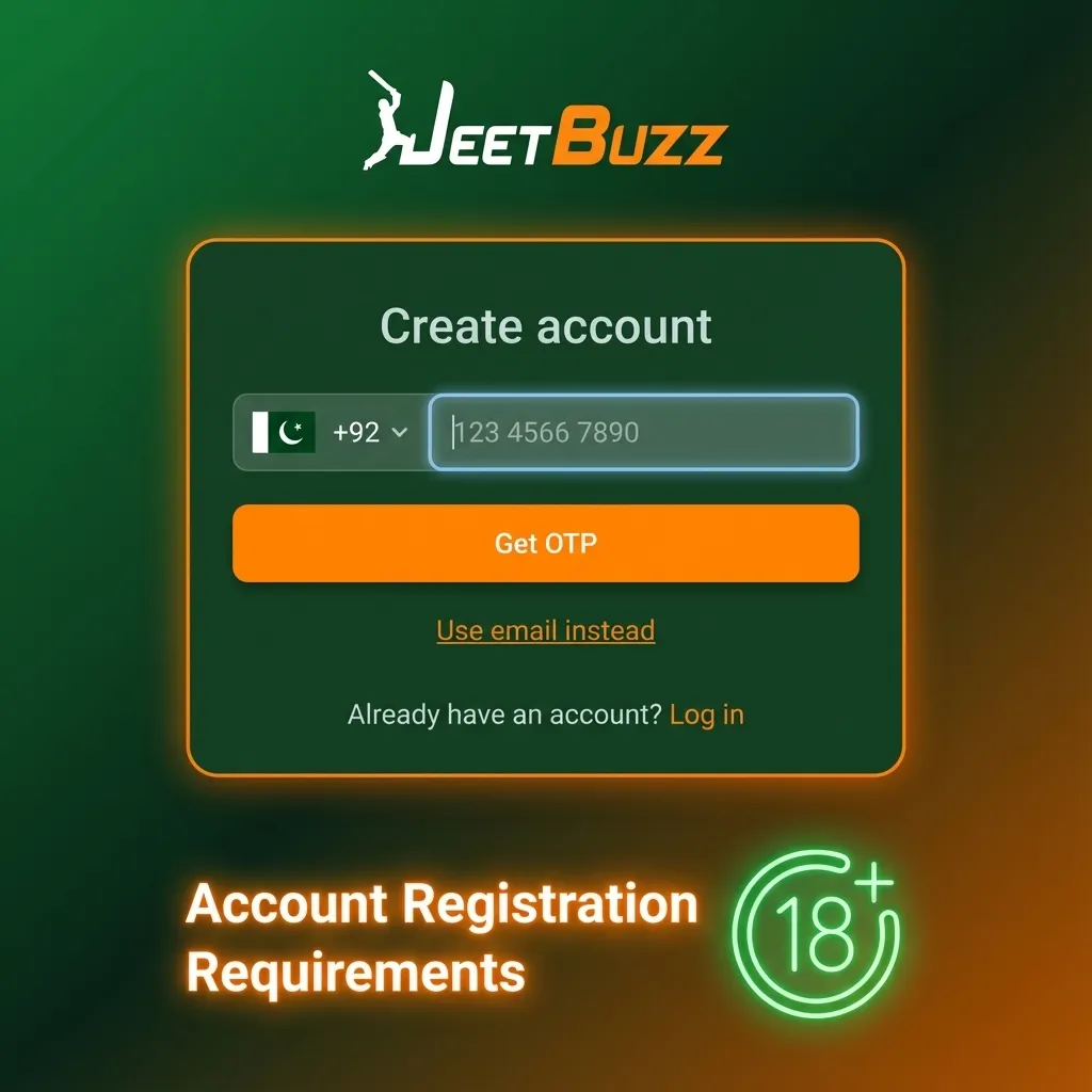 Infographic listing Jeetbuzz account registration rules: age 18+, real data, one account, legal compliance, secure login details