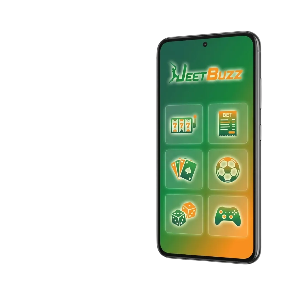 Smartphone screen showing Jeetbuzz Android app with sports betting, live matches, and casino games interface