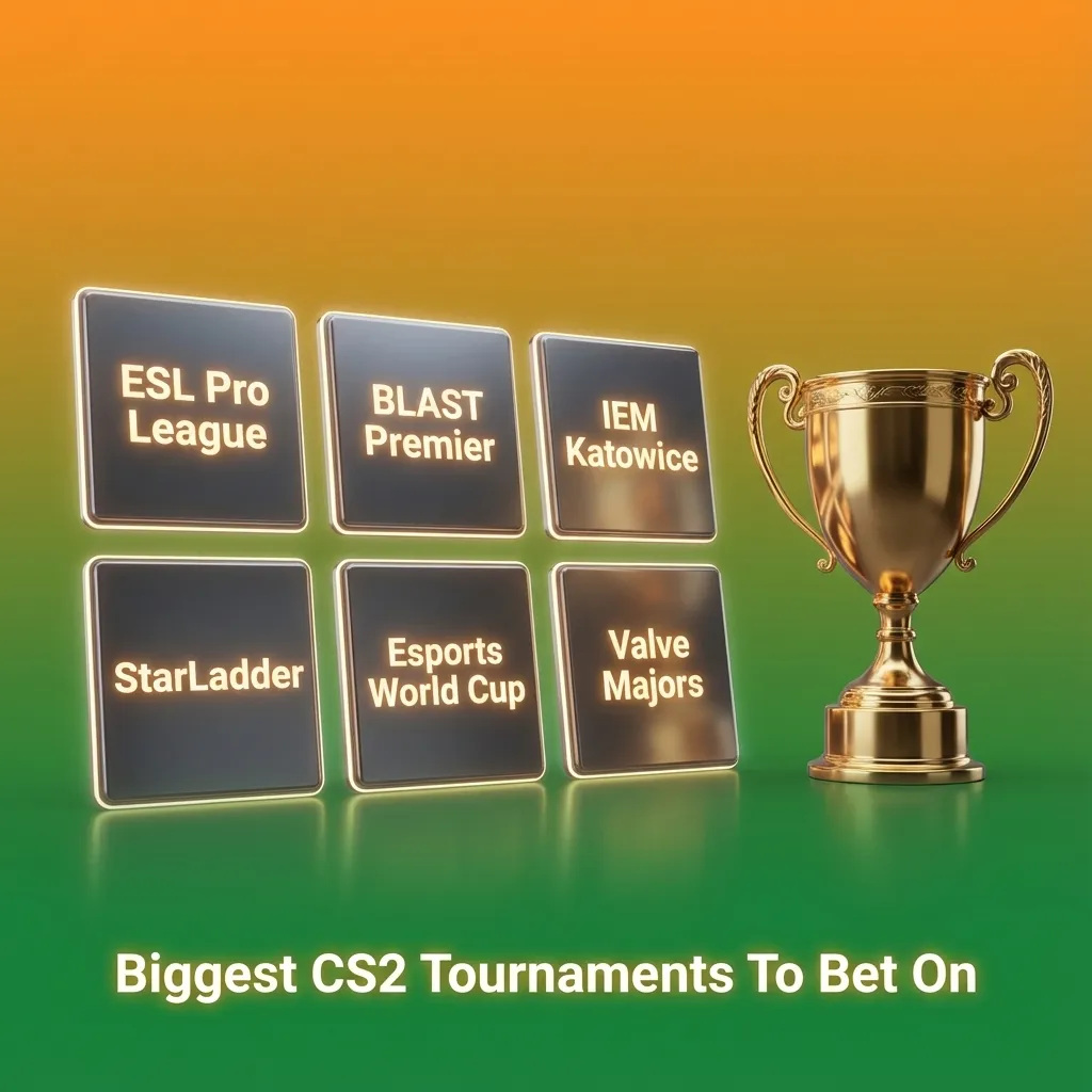 Graphic listing biggest CS2 tournaments for betting: ESL Pro League, BLAST Premier, IEM Katowice, Esports World Cup, Valve Majors