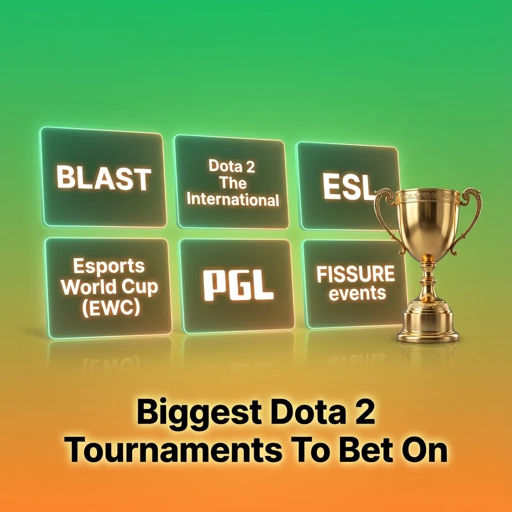 Graphic listing major Dota 2 tournaments for betting, including TI, BLAST, ESL, EWC, PGL, and FISSURE events.
