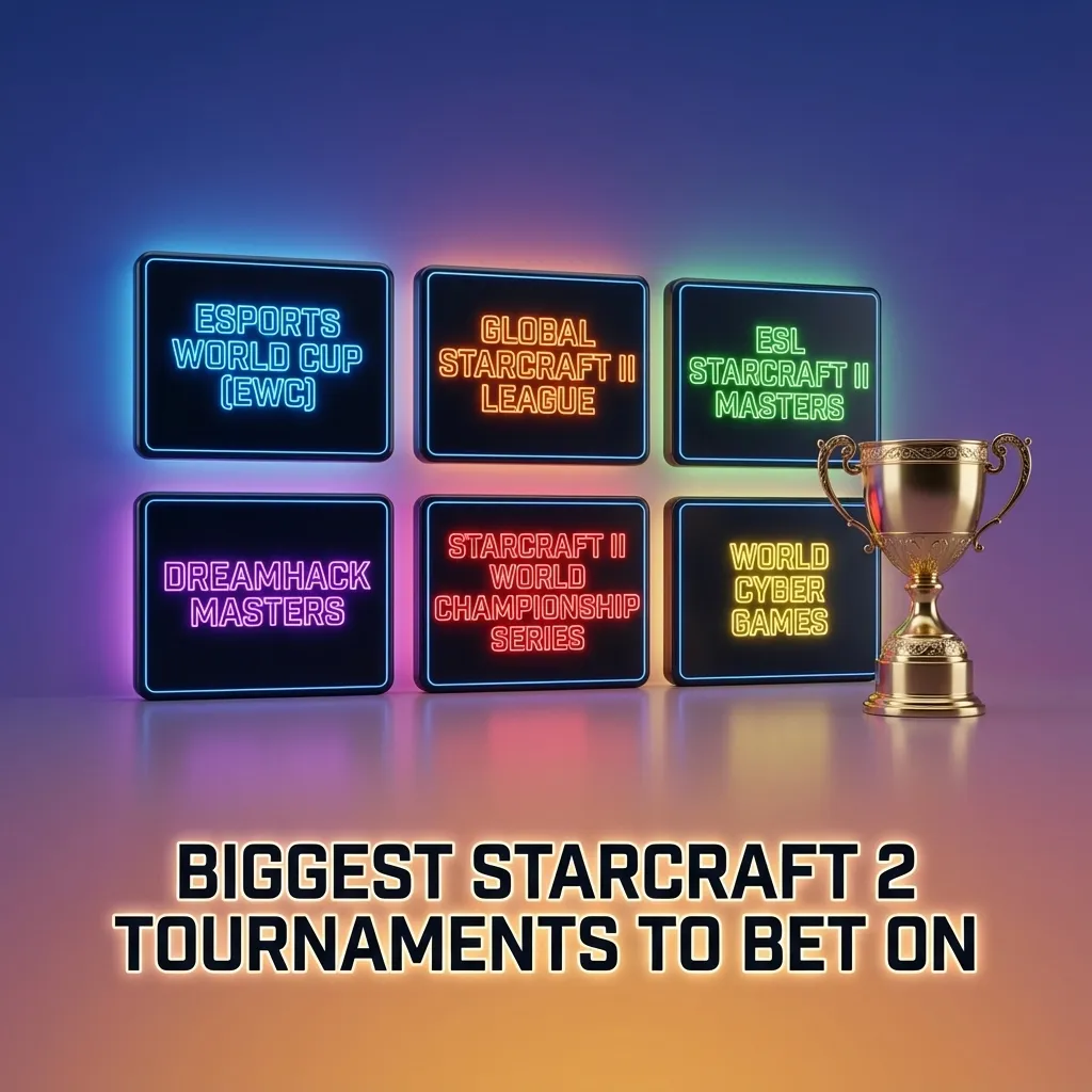StarCraft II esports betting graphic showing major tournaments like GSL, ESL, EWC, and DreamHack with pro players in action