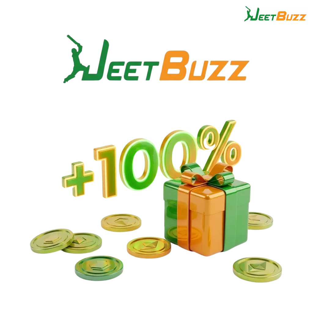 Banner showing Jeetbuzz 100% welcome bonus up to 10,000 PKR for new Pakistani players, with casino and sports icons