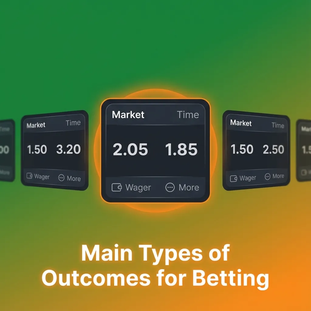 Infographic showing main betting outcome types: 1X2 match result, totals, handicaps, BTTS, and player performance markets