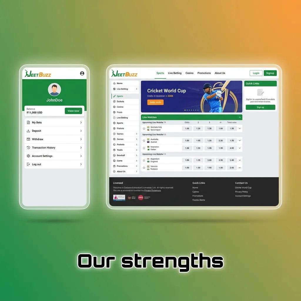 Graphic titled “Our strengths” highlighting Pakistan-focused betting, local payments, cricket odds, fast bets, and support.