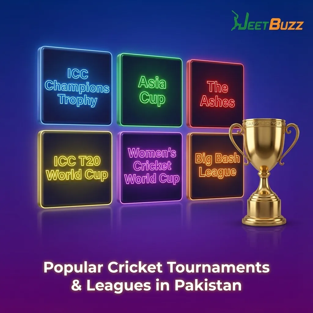 Graphic listing Pakistan Super League, ICC World Cups, The Ashes, and regional T20 leagues with betting options for Pakistani users