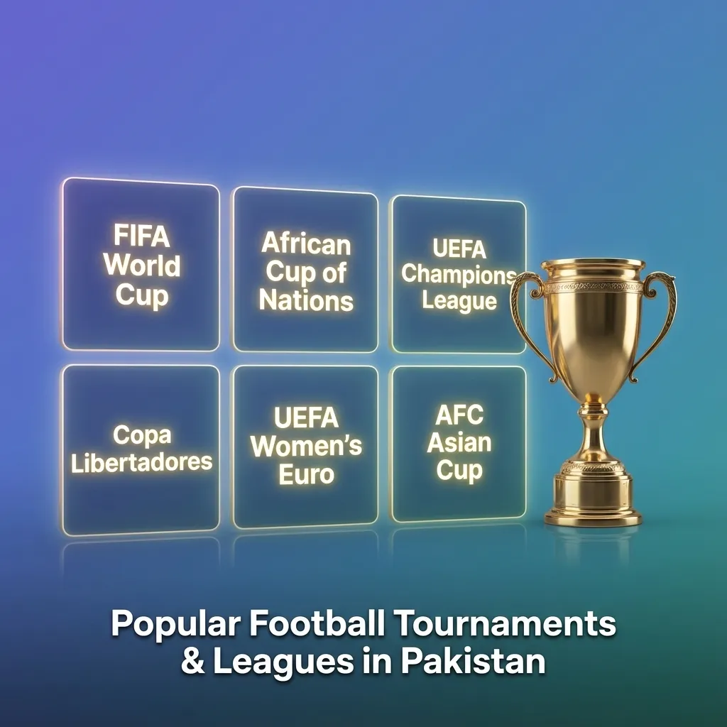 Graphic titled “Popular Football Tournaments & Leagues in Pakistan” showing major global, regional, and local football competitions