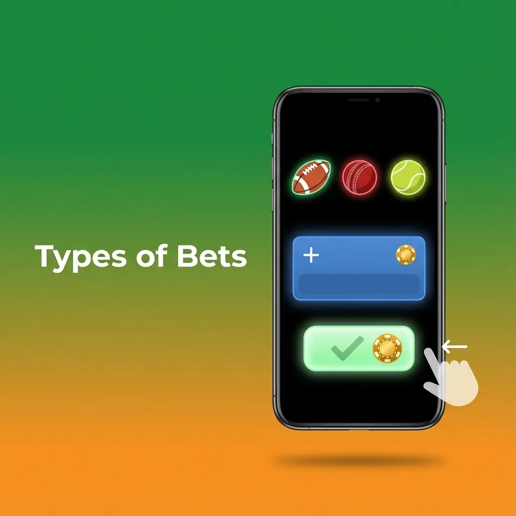 Infographic titled “Types of Bets” comparing single, express (parlay), and system bets with icons and brief descriptions.