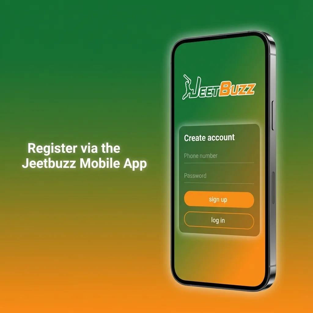 Illustration of a smartphone showing the Jeetbuzz app registration screen with Pakistan selected as the user’s country
