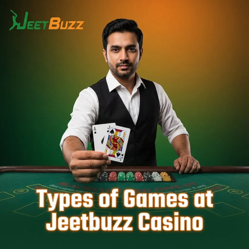 Graphic showing Jeetbuzz casino game types: slots, crash games, tables, card games, jackpots, and video poker.