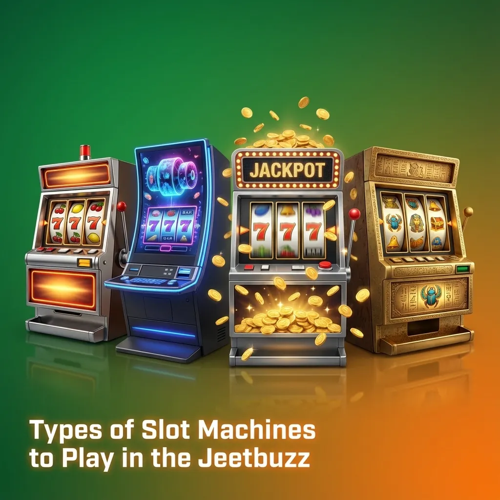 Graphic showing Jeetbuzz lobby with 3-reel, video, Megaways and jackpot slot machine icons for Pakistani players