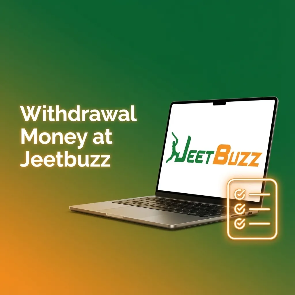 Illustration of Jeetbuzz withdrawal steps: user selecting payout method, entering amount, and confirming funds transfer